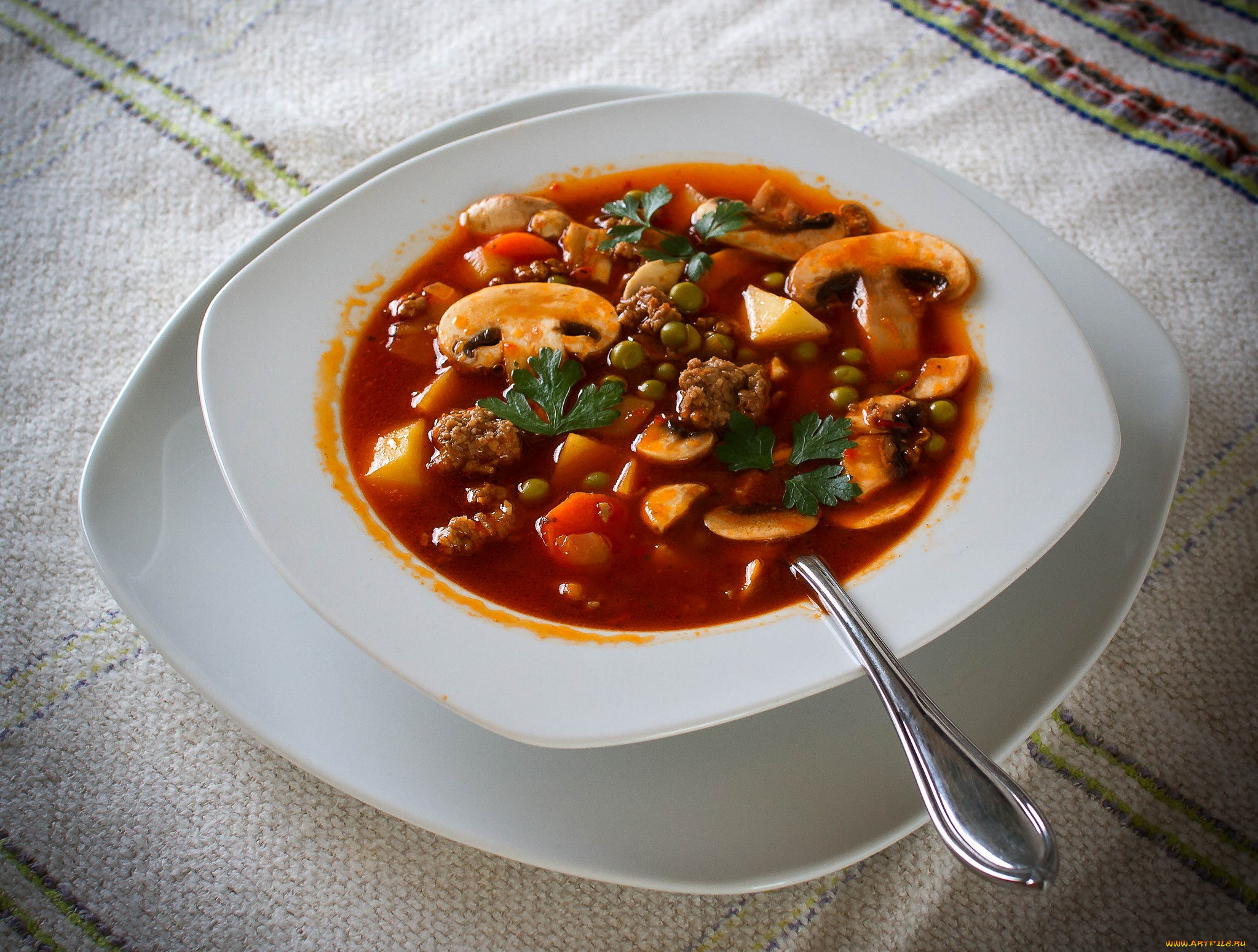 Суп с рожками и печенью